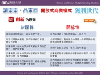 Minimum cost, Maximum ROI, Digital Consulting & Solutions 
Private and confidential © 2009-2014 MinMax Digital Consulting CO., LTD. 
開放式商業模式 創新的原則 開放性 
這個領域的聰明人，都替我們工作。 
我們必須跟公司外的聰明人一起合作。 
為了從研發中獲利，我們必須自己發現、 開發及安裝。 
外部研發可以創造非凡的價值，內部研發必須 取得這些價值的某些部分。 
如果業界大部分的頂尖研究都由我們自己 執行，我們就會贏。 
我們不必自己研究，也可以從中獲益。 
如果業界大部分的頂尖點子都由我們自己 發想出來，我們就會贏。 
如果我們能善加利用內部和外部的點子，我們 就會贏。 
我們應該掌握自己創新過程，這樣競爭對 手就不會從我們的點子中獲利。 
我們應該從別人使用我們的創新中獲利，而且 只要能增加自己的利益，就應該去購買別人的 智慧財產。 
開放式創新  