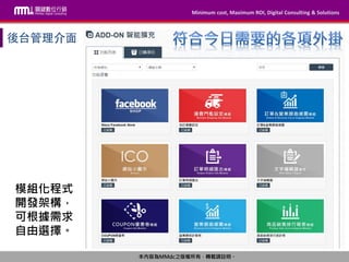 Minimum cost, Maximum ROI, Digital Consulting & Solutions
本內容為MMdc之版權所有，轉載請註明。
Minimum cost, Maximum ROI, Digital Consulting & Solutions
本內容為MMdc之版權所有，轉載請註明。
模組化程式
開發架構，
可根據需求
自由選擇。
 