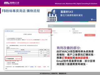Minimum cost, Maximum ROI, Digital Consulting & Solutions
本內容為MMdc之版權所有，轉載請註明。
Minimum cost, Maximum ROI, Digital Consulting & Solutions
本內容為MMdc之版權所有，轉載請註明。
有待改善的部分:
由於WACA微型購物車系統無會
員機制，客戶之後要找訂購狀態，
需靠訂單編號與查詢認證碼，
Email信件是重要依據，部分呈現
與提醒介面還需要再補強。
 