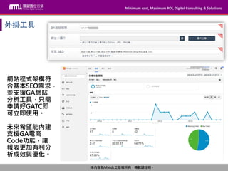 Minimum cost, Maximum ROI, Digital Consulting & Solutions
本內容為MMdc之版權所有，轉載請註明。
Minimum cost, Maximum ROI, Digital Consulting & Solutions
本內容為MMdc之版權所有，轉載請註明。
網站程式架構符
合基本SEO需求，
並支援GA網站
分析工具，只需
申請好GATC即
可立即使用。
未來希望能內建
支援GA電商
Code功能，讓
報表更加有利分
析成效與優化。
 