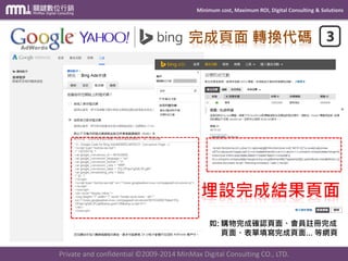 Minimum cost, Maximum ROI, Digital Consulting & Solutions
Private and confidential © 2009-2014 MinMax Digital Consulting CO., LTD.
正向
循環
聯結GA帳號 頁面埋設轉換代碼
開啟UTM自動標記功能事件、轉換目標的設定
轉換報表 判讀及優化
Adwords轉換資料不會匯
入GA的系統當中!
轉換報表 判讀及運用
GA的轉換數據由於定義
不同，可能與GAD有差異!
開設帳號、建立廣告
建立進階區隔
 