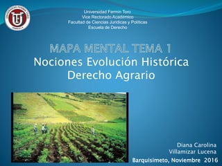 Nociones Evolución Histórica
Derecho Agrario
Universidad Fermín Toro
Vice Rectorado Académico
Facultad de Ciencias Jurídicas y Políticas
Escuela de Derecho
Diana Carolina
Villamizar Lucena
Barquisimeto, Noviembre 2016
 