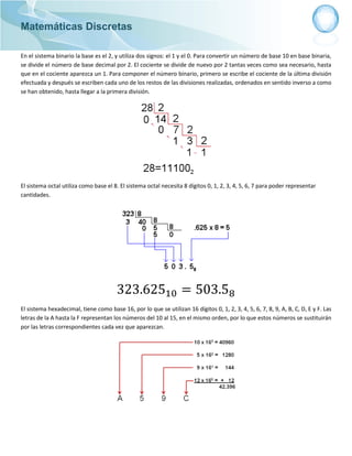Matemáticas Discretas
En el sistema binario la base es el 2, y utiliza dos signos: el 1 y el 0. Para convertir un número de base 10 en base binaria,
se divide el número de base decimal por 2. El cociente se divide de nuevo por 2 tantas veces como sea necesario, hasta
que en el cociente aparezca un 1. Para componer el número binario, primero se escribe el cociente de la última división
efectuada y después se escriben cada uno de los restos de las divisiones realizadas, ordenados en sentido inverso a como
se han obtenido, hasta llegar a la primera división.
El sistema octal utiliza como base el 8. El sistema octal necesita 8 dígitos 0, 1, 2, 3, 4, 5, 6, 7 para poder representar
cantidades.
323.62510 = 503.58
El sistema hexadecimal, tiene como base 16, por lo que se utilizan 16 dígitos 0, 1, 2, 3, 4, 5, 6, 7, 8, 9, A, B, C, D, E y F. Las
letras de la A hasta la F representan los números del 10 al 15, en el mismo orden, por lo que estos números se sustituirán
por las letras correspondientes cada vez que aparezcan.
 