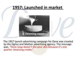 1957: Launched in market
The 1957 launch advertising campaign for Dove was created
by the Ogilvy and Mather advertising agency. The message
was, “Dove soap doesn’t dry your skin because it’s one
quarter cleansing cream.”
 