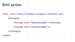 Biml syntax: Root Element
<Biml xmlns="http://schemas.varigence.com/biml.xsd">
<Packages>
<Package Name="EmptyPackage1"></...