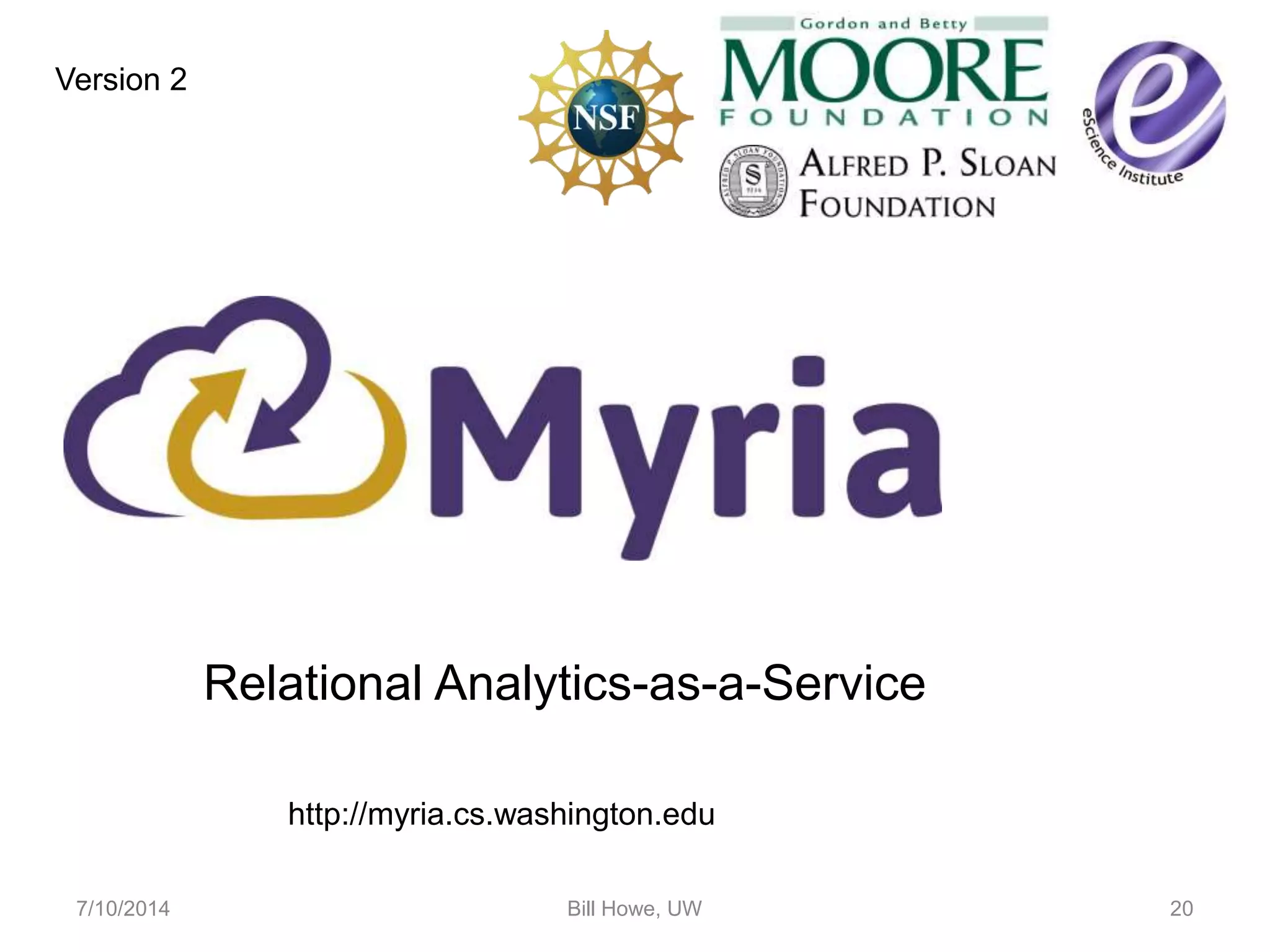 7/10/2014 Bill Howe, UW 20
Relational Analytics-as-a-Service
Version 2
http://myria.cs.washington.edu
 