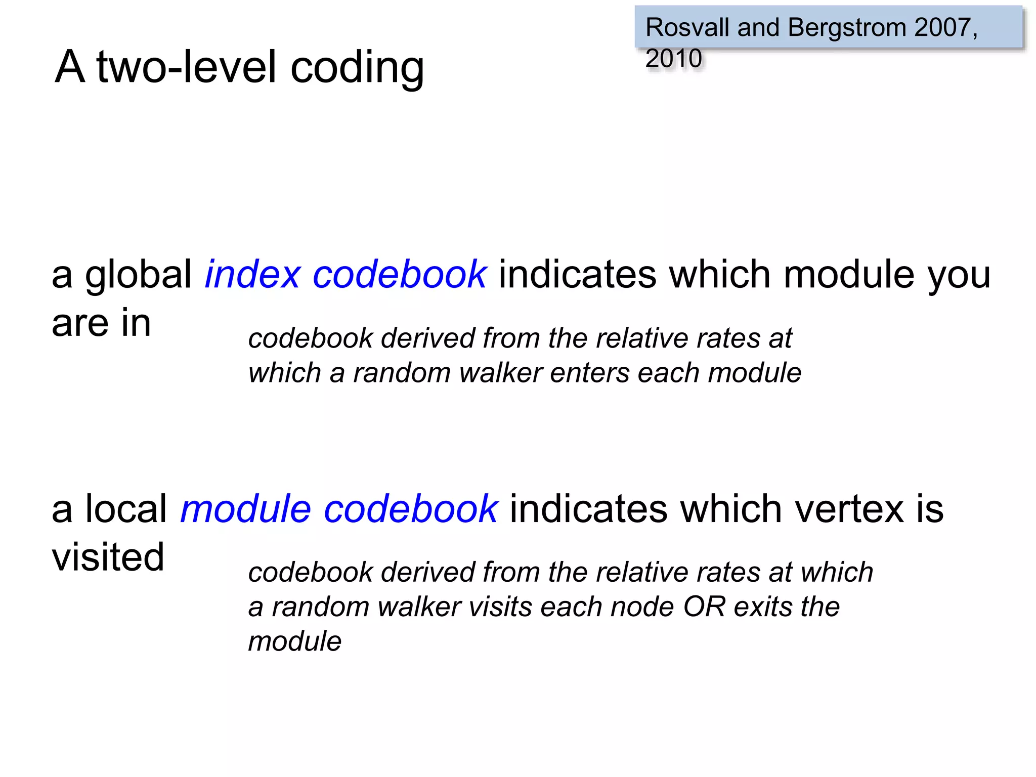A two-level coding
a global index codebook indicates which module you
are in
a local module codebook indicates which vertex is
visited
Rosvall and Bergstrom 2007,
2010
codebook derived from the relative rates at
which a random walker enters each module
codebook derived from the relative rates at which
a random walker visits each node OR exits the
module
 