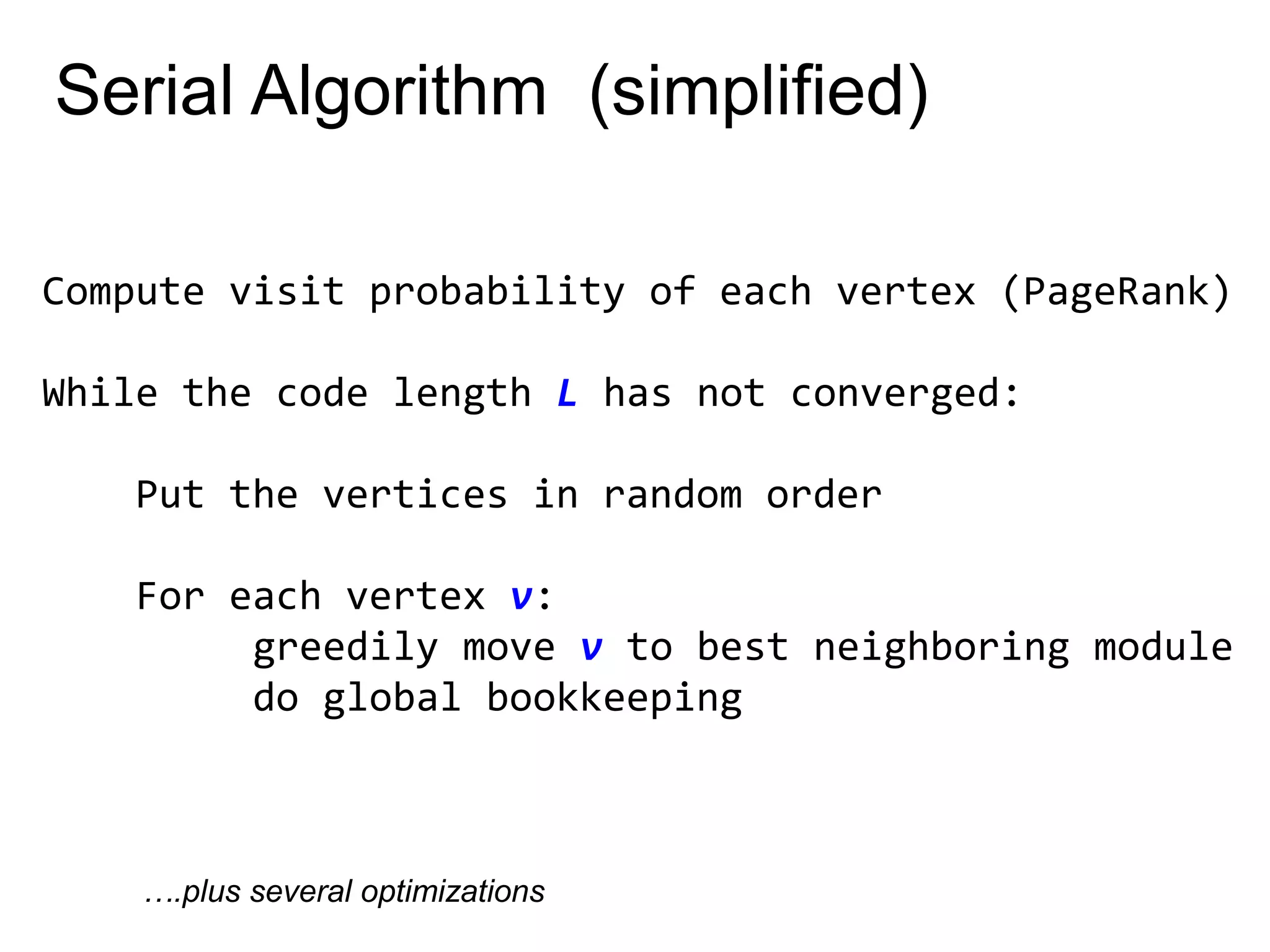 Serial Algorithm (simplified)
Compute visit probability of each vertex (PageRank)
While the code length L has not converged:
Put the vertices in random order
For each vertex v:
greedily move v to best neighboring module
do global bookkeeping
….plus several optimizations
 