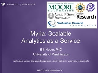Myria: Scalable
Analytics as a Service
Bill Howe, PhD
University of Washington
with Dan Suciu, Magda Balazinska, Dan Halperin, and many students
MMDS 2014, Berkeley CA
 