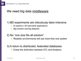 7/10/2014 Bill Howe, UW 19
1) BD experiments are ridiculously labor-intensive
– N systems x M real-world applications
– Big clusters and big datasets
2) No “one size fits all solution”
– Realistic environments will use more than one system
3) A return to distributed, federated databases
– Erase the distinction between ETL and Analytics
We need big data middleware
 