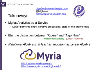 Takeaways
• Myria: Analytics-as-a-Service
– Lower barrier to entry, iterative processing, state-of-the-art internals
• Blur the distinction between “Query” and “Algorithm”
• Relational Algebra is at least as important as Linear Algebra
http://escience.washington.edu
@billghowe
billhowe@cs.washington.edu
http://myria.cs.washington.edu
https://demo.myria.cs.washington.edu/
(Relational Algebra) (Linear Algebra)
 