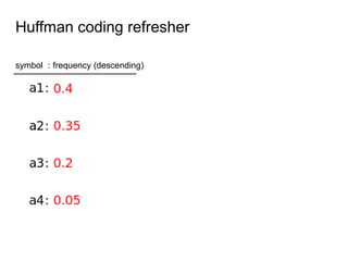 Huffman coding refresher
symbol : frequency (descending)
 