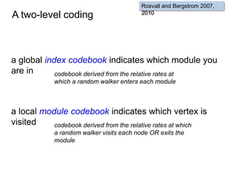 A two-level coding
a global index codebook indicates which module you
are in
a local module codebook indicates which vertex is
visited
Rosvall and Bergstrom 2007,
2010
codebook derived from the relative rates at
which a random walker enters each module
codebook derived from the relative rates at which
a random walker visits each node OR exits the
module
 