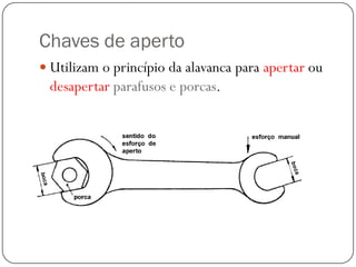 Chaves de aperto
 Utilizam o princípio da alavanca para apertar ou
desapertar parafusos e porcas.
 