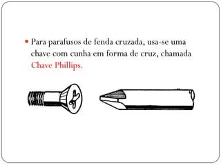  Para parafusos de fenda cruzada, usa-se uma
chave com cunha em forma de cruz, chamada
Chave Phillips.
 