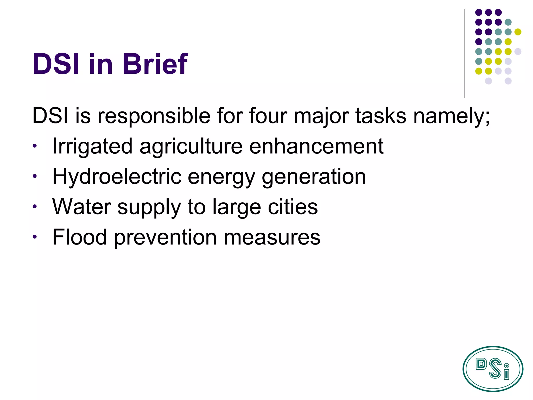 DSI in Brief DSI is responsible for four major tasks namely; Irrigated agriculture enhancement Hydroelectric energy generation Water supply to large cities Flood prevention measures 