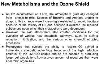 New Metabolisms and the Ozone Shield
● As O2 accumulated on Earth, the atmosphere gradually changed
from anoxic to oxic. Species of Bacteria and Archaea unable to
adapt to this change were increasingly restricted to anoxic habitats
because of the toxicity of O2 and because it oxidized the reduced
substances upon which their metabolisms were dependent.
● However, the oxic atmosphere also created conditions for the
evolution of various new metabolic pathways, such as sulfate
reduction, nitrification, and the various other chemolithotrophic
processes.
● Prokaryotes that evolved the ability to respire O2 gained a
tremendous energetic advantage because of the high reduction
potential of the O2/H2O couple and so are capable of producing
larger cell populations from a given amount of resources than were
anaerobic organisms.
 