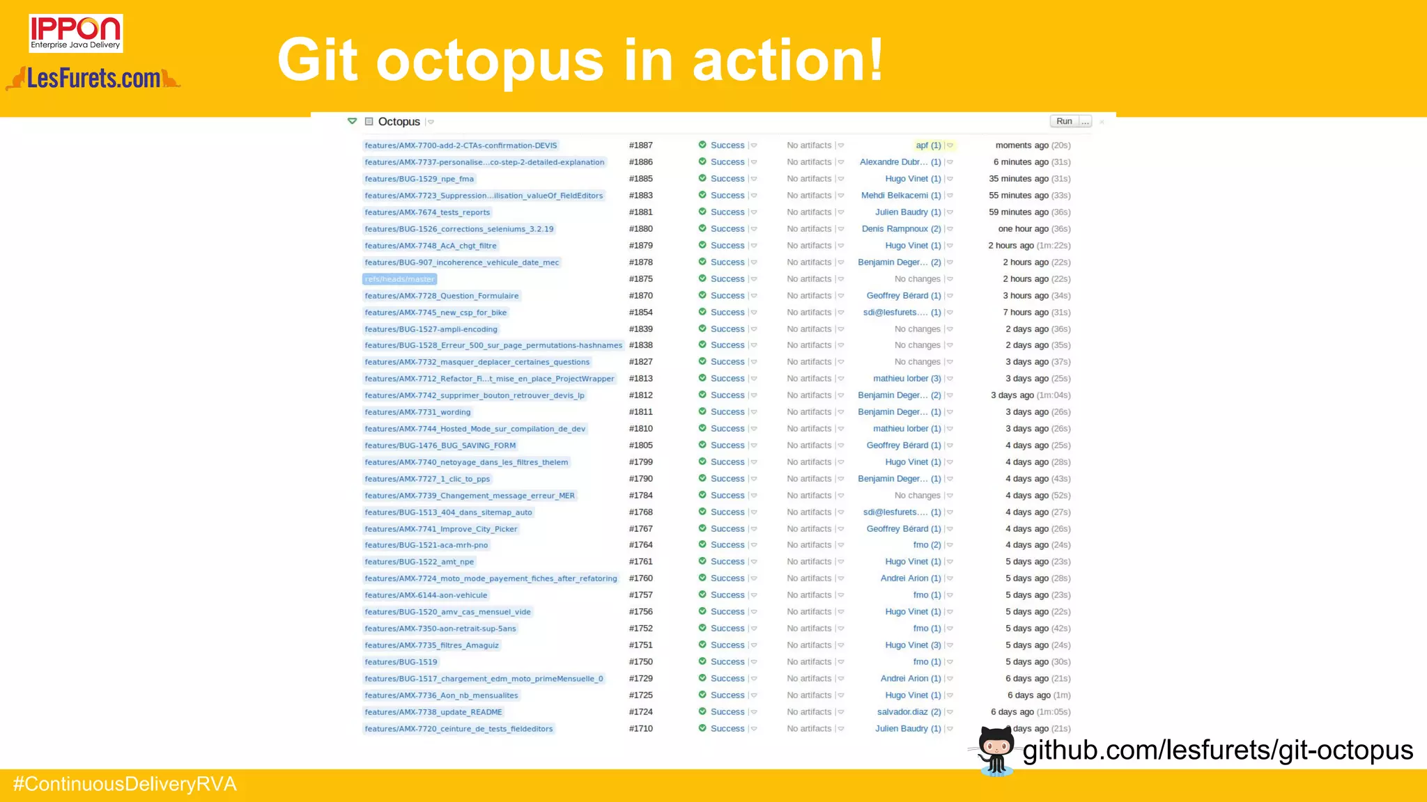#ContinuousDeliveryRVA
Git octopus in action!
github.com/lesfurets/git-octopus
 