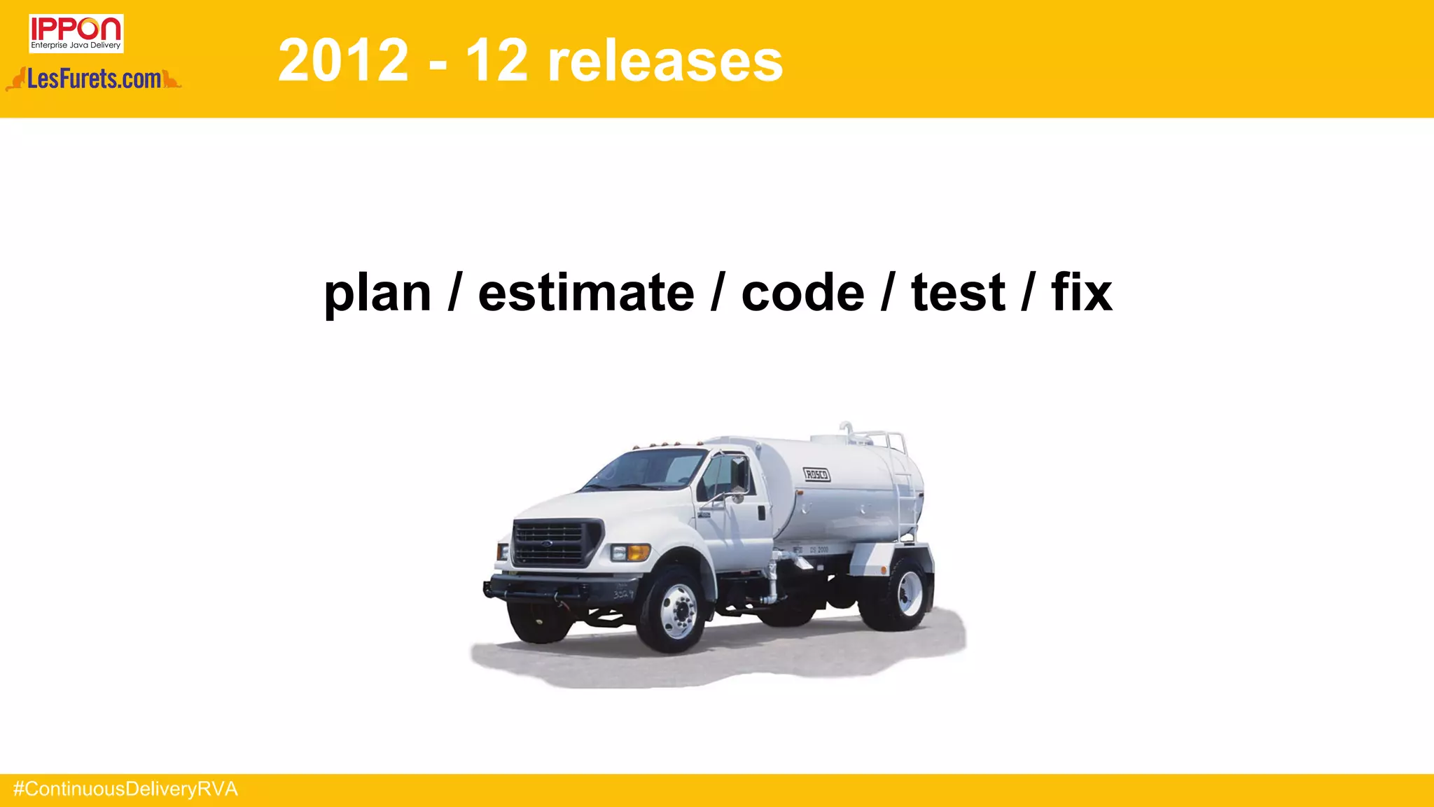 #ContinuousDeliveryRVA
2012 - 12 releases
plan / estimate / code / test / fix
 