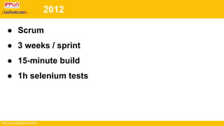 #ContinuousDeliveryRVA
2012
● Scrum
● 3 weeks / sprint
● 15-minute build
● 1h selenium tests
 