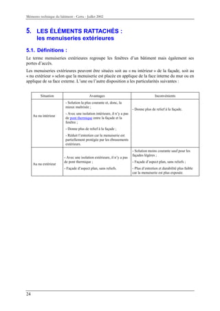 Mémento technique du bâtiment - Certu - Juillet 2002



5.     LES ÉLÉMENTS RATTACHÉS :
       les menuiseries extérieures

5.1. Définitions :
Le terme menuiseries extérieures regroupe les fenêtres d’un bâtiment mais également ses
portes d’accès.
Les menuiseries extérieures peuvent être situées soit au « nu intérieur » de la façade, soit au
« nu extérieur » selon que la menuiserie est placée en applique de la face interne du mur ou en
applique de sa face externe. L’une ou l’autre disposition a les particularités suivantes :


          Situation                        Avantages                                      Inconvénients
                          - Solution la plus courante et, donc, la
                          mieux maîtrisée ;
                                                                          - Donne plus de relief à la façade.
                          - Avec une isolation intérieure, il n’y a pas
     Au nu intérieur
                          de pont thermique entre la façade et la
                          fenêtre ;
                          - Donne plus de relief à la façade ;
                          - Réduit l’entretien car la menuiserie est
                          partiellement protégée par les ébrasements
                          extérieurs.
                                                                          - Solution moins courante sauf pour les
                                                                          façades légères ;
                         - Avec une isolation extérieure, il n’y a pas
                         de pont thermique ;                              - Façade d’aspect plan, sans reliefs ;
     Au nu extérieur
                         - Façade d’aspect plan, sans reliefs.            - Plus d’entretien et durabilité plus faible
                                                                          car la menuiserie est plus exposée.




24
 