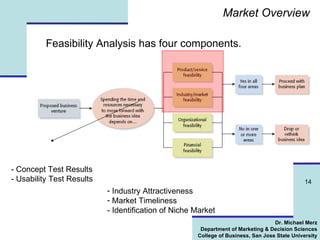 Market Overview Feasibility Analysis has four components. - Concept Test Results - Usability Test Results Industry Attractiveness Market Timeliness - Identification of Niche Market 
