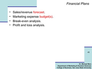 Financial Plans Sales/revenue  forecast . Marketing expense  budget(s) . Break-even analysis. Profit and loss analysis.   