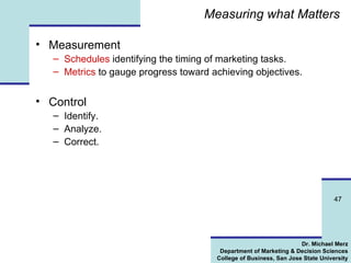 Measuring what Matters Measurement Schedules  identifying the timing of marketing tasks. Metrics  to gauge progress toward achieving objectives. Control Identify. Analyze. Correct. 