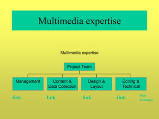 Multimedia expertise


                     Multimedia expertise


                        Project Team


 Management     Content &          Design &     Editing &
              Data Collection       Layout      Technical

                                                        Web
link          link              link          link      Example
 