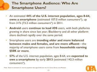 The Smartphone Audience: Who Are
             Smartphone Users?

   • An estimated 44% of the U.S. internet population, ages 8-64,
     owns a smartphone (estimated 107.0 million consumers*), up
     from 31% (73.2 million consumers*) in 2011.
   • Android users continue to lead iOS users, with both platforms
     growing in share since last year; Blackberry and all other platform
     share declined rapidly over the same period.
   • Smartphone users are trending older and more balanced
     between males and females, and are more affluent—the
     majority of smartphone users come from households earning
     $50K or more.
   • 57% of the U.S. internet population, ages 8-64, are expected to
     own a smartphone by early 2013 (estimated 142.3 million
     consumers*).
*Note: Based on estimated U.S. internet population data (ages 8-64) from the U.S. Census Bureau and eMarketer.

                                                                            11
 