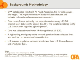 Background: Methodology

• OPA collaborated with Frank N. Magid Associates, Inc. for data analysis
  and insight. The Magid Media Futures study evaluates attitudes and
  behaviors of media and entertainment consumers.
• Data comes from a nationally representative online survey of 2,540
  internet users between the ages of 8 and 64. The sample is matched to the
  U.S. Census with regard to age and gender1.
• Data was collected from March 19 through March 26, 2012.
• A high-quality, third-party online research panel and data collection firm
  was used for recruitment and data collection.
• U.S. internet population estimates are derived from U.S. Census Bureau
  and eMarketer data2.


Notes:
[1]: Margin of error on the entire sample was ±1.94%;
[2]: Estimated audience size references the portion of U.S. internet population reflected in the sample (ages 8-64) as
236.2 million people in 2011, 243.2 million in 2012 and 249.7 million in 2013. (Source: U.S. Census Bureau, eMarketer).

                                                                 2
 