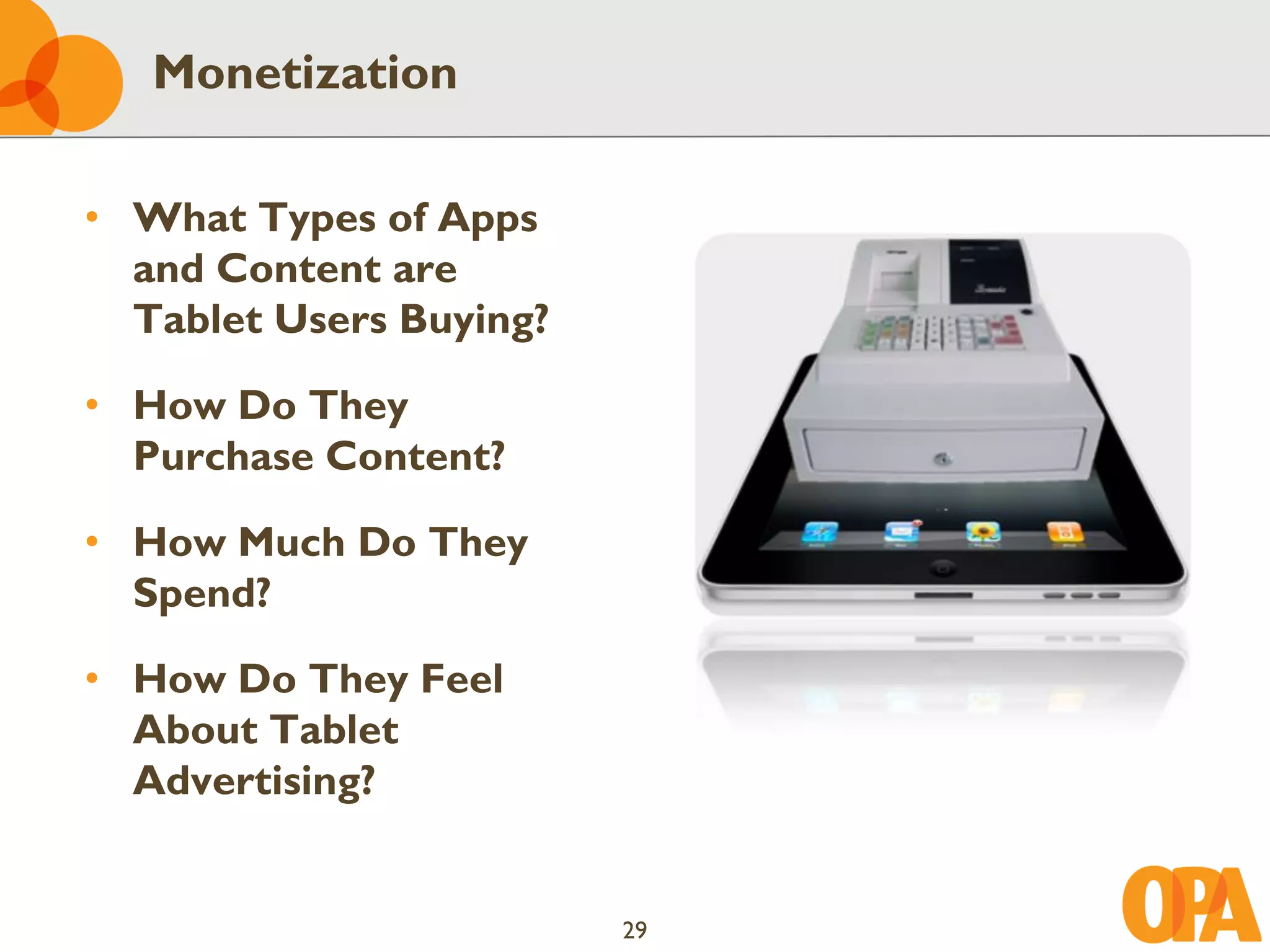 Monetization

• What Types of Apps
  and Content are
  Tablet Users Buying?

• How Do They
  Purchase Content?

• How Much Do They
  Spend?

• How Do They Feel
  About Tablet
  Advertising?


                         29
 