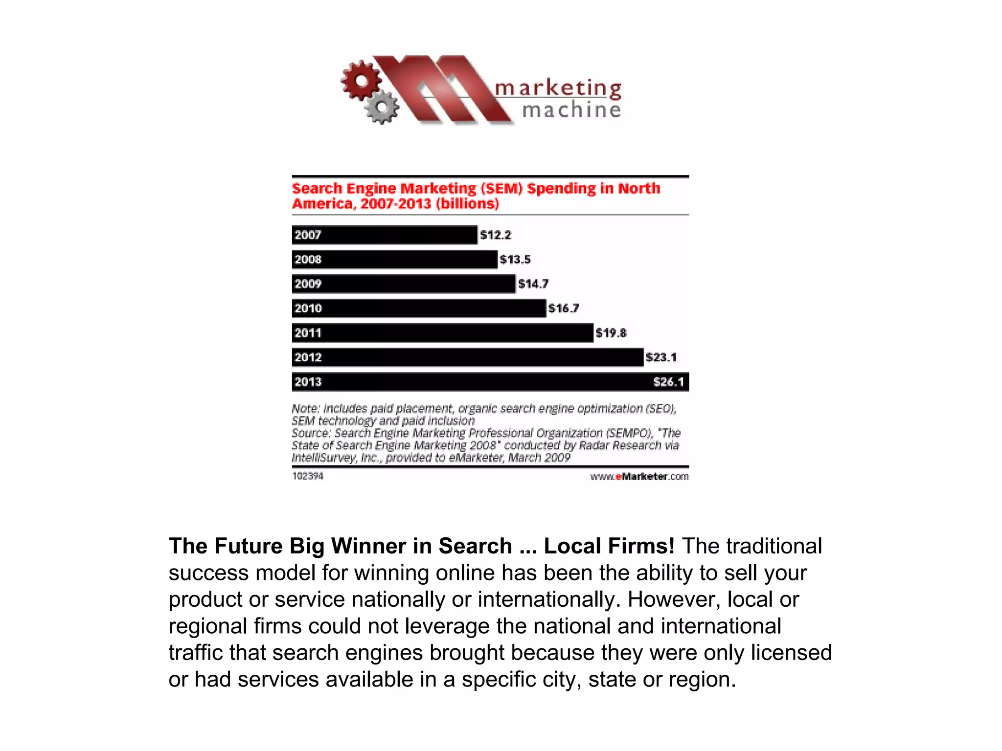 The Future Big Winner in Search ... Local Firms!  The traditional success model for winning online has been the ability to sell your product or service nationally or internationally. However, local or regional firms could not leverage the national and international traffic that search engines brought because they were only licensed or had services available in a specific city, state or region.  