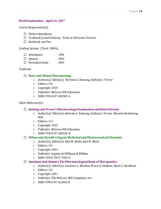 Pharmacology Course Outline