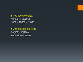  If 100 boxes ordered: 
 10(160) + 50(200) 
 1600 + 10000 = 11600 
 If 20 boxes are ordered: 
 50(160)+10(200) 
 8000+2000=10000 
 