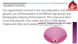 SEGMENTATION
The segmentation of Amul is the mass population and in
general, you will find people of all different age groups and
demography enjoying Amul products. This is because Amul
is not only present in Ice cream, but also in Milk, Butter,
Cheese and other such products.
 