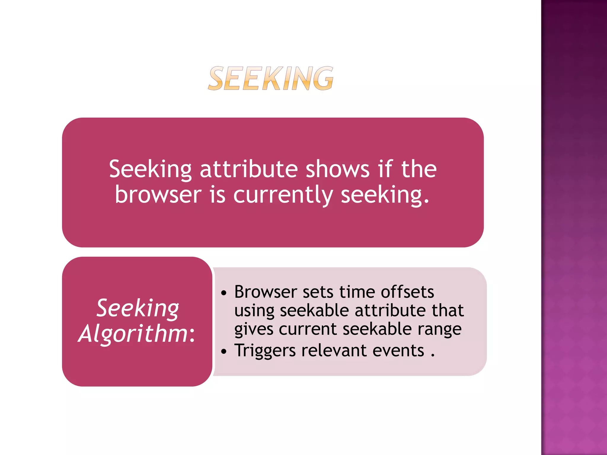 Seeking attribute shows if the
  browser is currently seeking.


             • Browser sets time offsets
 Seeking       using seekable attribute that
Algorithm:     gives current seekable range
             • Triggers relevant events .
 
