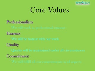 Core ValuesProfessionalismWe will work in professional mannerHonesty We will be honest with our workQualityQuality will be maintained under all circumstancesCommitmentWe will fulfill all our commitments in all aspects