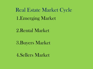 Real Estate Market Cycle1.Emerging Market2.Rental Market 3.Buyers Market 4.Sellers Market