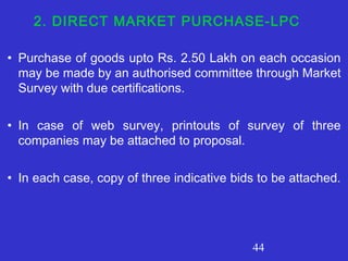 44
• Purchase of goods upto Rs. 2.50 Lakh on each occasion
may be made by an authorised committee through Market
Survey with due certifications.
• In case of web survey, printouts of survey of three
companies may be attached to proposal.
• In each case, copy of three indicative bids to be attached.
2. DIRECT MARKET PURCHASE-LPC
 