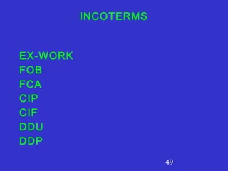 49
INCOTERMS
EX-WORK
FOB
FCA
CIP
CIF
DDU
DDP
 