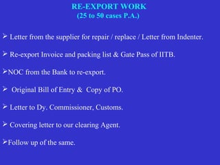  Letter from the supplier for repair / replace / Letter from Indenter.
 Re-export Invoice and packing list & Gate Pass of IITB.
NOC from the Bank to re-export.
 Original Bill of Entry & Copy of PO.
 Letter to Dy. Commissioner, Customs.
 Covering letter to our clearing Agent.
Follow up of the same.
RE-EXPORT WORK
(25 to 50 cases P.A.)
 
