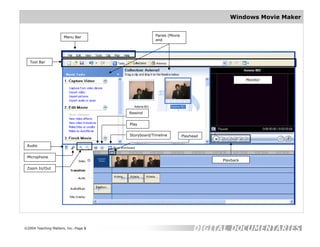 Windows Movie Maker


                      Menu Bar                     Panes (Movie
                                                   and




   Tool Bar



                                                                                        Monitor




                                      Rewind


                                      Play


                                      Storyboard/Timeline         Playhead

 Audio


 Microphone
                                                                             Playback

 Zoom In/Out




©2004 Teaching Matters, Inc.-Page 1
 