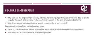Move My Goods
FEATURE ENGINEERING
 Why we need the engineering? Basically, all machine learning algorithms use some input data to create
outputs. This input data comprise features, which are usually in the form of structured columns.
 Algorithms require features with some specific characteristic to work properly.
Feature engineering efforts mainly have two goals:
 Preparing the proper input dataset, compatible with the machine learning algorithm requirements.
 Improving the performance of machine learning models.
 