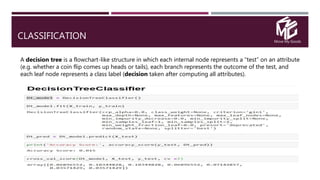 Move My Goods
CLASSIFICATION
A decision tree is a flowchart-like structure in which each internal node represents a “test” on an attribute
(e.g. whether a coin flip comes up heads or tails), each branch represents the outcome of the test, and
each leaf node represents a class label (decision taken after computing all attributes).
 
