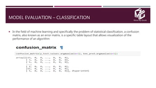Move My Goods
MODEL EVALUATION – CLASSIFICATION
 In the field of machine learning and specifically the problem of statistical classification, a confusion
matrix, also known as an error matrix, is a specific table layout that allows visualization of the
performance of an algorithm
 