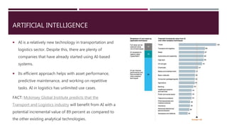 ARTIFICIAL INTELLIGENCE
 AI is a relatively new technology in transportation and
logistics sector. Despite this, there are plenty of
companies that have already started using AI-based
systems.
 Its efficient approach helps with asset performance,
predictive maintenance, and working on repetitive
tasks. AI in logistics has unlimited use cases.
FACT: Mckinsey Global Institute predicts that the
Transport and Logistics industry will benefit from AI with a
potential incremental value of 89 percent as compared to
the other existing analytical technologies.
 