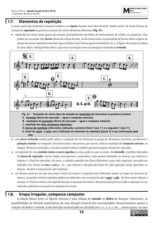 MARCELO MELLO - Apostila de gaita de boca (2014)
1. Elementos de teoria musical
13
1.7. Elementos de repetição
A maior parte dos elementos musicais tendem a se repetir durante uma obra musical. Sendo assim, há várias formas de
notação de repetições na partitura musical, de vários elementos diferentes (Fig. 21):
• repetições de várias notas iguais são comuns principalmente em linhas de instrumentos de cordas, na orquestra. Elas
podem ser anotadas com barras abaixo da cabeça da nota, ou de notas juntas; a quantidade de barras indica a figura de
tempo das notas repetidas (uma barra igual colcheia; duas barras igual semicolcheia; etc.). A figura de tempo da cabeça
da nota indica a duração deste efeito, que tanto na notação como na execução é chamado de tremolo.
• uma barra inclinada isolada pode indicar a repetição de um elemento ou grupo de elementos anteriores, geralmente a
pulsação anterior no compasso. Uma barra única com pontos, por sua vez, indica a repetição do compasso anterior, na
íntegra. Números associados a esta barra podem indicar também quantos compasso devem ser repetidos.
• na repetição de uma melodia inteira 2 vezes seguidas ou mais, pode-se usar os sinais de ritornello (também chamados
de barras de repetição): barras duplas mais grossas e associadas a dois pontos alinhados na vertical, que indicam o
começo e o final de repetições. Às vezes, a melodia repetida tem finais diferentes a para cada repetição; isso pode ser
indicado com chaves de casa 1, casa 2 , etc., que indicam a duração dos finais de cada repetição; sendo ignorados os
demais , durante a execução de cada repetição.
• em formas musicais em que uma seção inteira da música é repetida entre diferentes seções ao longo da estrutura da
música, os trechos inteiros repetidos podem ser indicados com os sinais de salto: segno e coda. Os dois sinais indicam o
começo e o final do trecho a ser repetido durante a execução da música. Nos pontos da partitura onde a repetição vai ser
indicada, pode haver instruções de repetição do trecho.
1.8. Grupo irregular, compasso composto
A relação básica entre as figuras rítmicas é uma relação de metade ou dobro de duração. Entretanto, as
possibilidades de divisões matemáticas de uma duração musical não correspondem necessariamente apenas a
relações de dobro e metade. Cada duração musical pode ser dividida por 3, 4, 5, 6, 7, etc... partes iguais, ou seus
Fig. 21 - Exemplos de vários tipos de notação de repetições de elementos na partitura musical:
A. tremolos (forma de execução -- igual o compasso anterior);
B. repetiçãos de pulsações (forma de execução -- igual o compasso anterior);
C. repetição dos dois compassos anteriores;
D. barras de repetição (rittornello), indicando o primeiro final (“casa 1”) e o segundo (“casa 2”);
E. sinais de segno e coda, com a indicação do momento da repetição (pauta 3) e sua continuação após
isso.
 