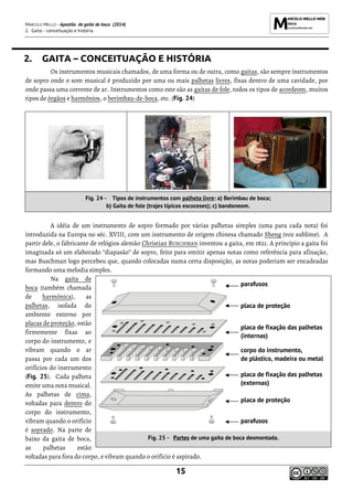 MARCELO MELLO - Apostila de gaita de boca (2014)
2. Gaita - conceituação e história
15
2. GAITA – CONCEITUAÇÃO E HISTÓRIA
Os instrumentos musicais chamados, de uma forma ou de outra, como gaitas, são sempre instrumentos
de sopro onde o som musical é produzido por uma ou mais palhetas livres, fixas dentro de uma cavidade, por
onde passa uma corrente de ar. Instrumentos como este são as gaitas de fole, todos os tipos de acordeom, muitos
tipos de órgãos e harmônios, o berimbau-de-boca, etc. (Fig. 24)
Fig. 24 - Tipos de instrumentos com palheta livre: a) Berimbau de boca;
b) Gaita de fole (trajes típicos escoceses); c) bandoneom.
A idéia de um instrumento de sopro formado por várias palhetas simples (uma para cada nota) foi
introduzida na Europa no séc. XVIII, com um instrumento de origem chinesa chamado Sheng (voz sublime). A
partir dele, o fabricante de relógios alemão Christian BUSCHMAN inventou a gaita, em 1821. A princípio a gaita foi
imaginada só um elaborado “diapasão” de sopro, feito para emitir apenas notas como referência para afinação,
mas Buschman logo percebeu que, quando colocadas numa certa disposição, as notas poderiam ser encadeadas
formando uma melodia simples.
Na gaita de
boca (também chamada
de harmônica), as
palhetas, isolada do
ambiente externo por
placas de proteção, estão
firmemente fixas ao
corpo do instrumento, e
vibram quando o ar
passa por cada um dos
orifícios do instrumento
(Fig. 25). Cada palheta
emite uma nota musical.
As palhetas de cima,
voltadas para dentro do
corpo do instrumento,
vibram quando o orifício
é soprado. Na parte de
baixo da gaita de boca,
as palhetas estão
voltadas para fora do corpo, e vibram quando o orifício é aspirado.
parafusos
placa de proteção
placa de fixação das palhetas
(internas)
corpo do instrumento,
de plástico, madeira ou metal
placa de fixação das palhetas
(externas)
placa de proteção
parafusos
Fig. 25 - Partes de uma gaita de boca desmontada.
 