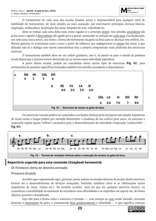 MARCELO MELLO - Apostila de gaita de boca (2014)
3. Notas, tablatura, embocadura
23
O treinamento de cada uma das escalas listadas acima é imprescindível para qualquer nível de
habilidade do instrumento, do mais simples ao mais avançado, por exercitarem princípios técnicos básicos:
respiração, embocadura, localização das notas, limpidez do som, velocidade etc.
Deve-se treinar cada uma delas num ritmo regular (e a princípio lento), nos sentidos ascendente (do
grave para o agudo) e descendente (do agudo para o grave), prestando-se atenção em cada nota: sua localização,
seu som (uma única nota!), seu nome, a forma do movimento da gaita na boca para se alcançar este orifício, etc.
Muitos gaitistas se acostumam tanto a tocar a partir da tablatura que negligenciam os nomes das notas, o que
dificulta não só o diálogo com outros instrumentos mas a própria compreensão mais profunda das estruturas
musicais.
O treinamento também deve ser em ordem gradativa, isto é, só passar-se para o estudo da próxima
escala depois que a anterior estiver dominada (ou ao menos numa velocidade específica).
A partir destas escalas, podem ser concebidos vários outros tipos de exercícios (Fig. 42), para
treinamento de questões específicas (treinados também nos sentidos ascendente e descendente):
a. DO MI SOL DO
4 5 5 6
b. RE FA LA SI
4 5 5 6
c. SOL LA SI DO RE
6 6 7 7 8
Fig. 42 - Exercícios de escala na gaita de boca.
Os exercícios e escalas podem ser associados a variações rítmicas para enriquecer seu estudo; sequências
de notas curtas e longas podem por exemplo desenvolver a mudança de um orifício para outro, ou exercitar a
respiração rápida (quase “reflexa”) necessária para o desenvolvimento da velocidade (respiração “cachorrinho” -
Fig. 43):
Fig. 43 - Formas de variações rítmicas sobre a execução de escalas na gaita de boca.
Repertório sugerido para este conteúdo (Songbook harmonica):
Os Flintstones (tema do desenho animado)
Primavera (Vivaldi)
Acredito que o apresentado aqui, portanto, possa nortear os estudos técnicos de escalas desde exercícios
básicos até o desenvolvimento de técnicas avançadas, bastando combinar entre si as informações acima
(sequências de notas, ritmos etc.). Na verdade acredito, mais do que em qualquer exercício técnico, na
consciência e sensibilidade do estudante de reconhecer suas dificuldades e se empenhar em superá-las, de forma
objetiva, paciente e disciplinada.
Isso vale para a forma como o exercício é treinado --- com atenção no som sendo entoado, tentando
dominar o movimento da gaita, e aumentando bem gradativamente a velocidade -- o que significa começar
 